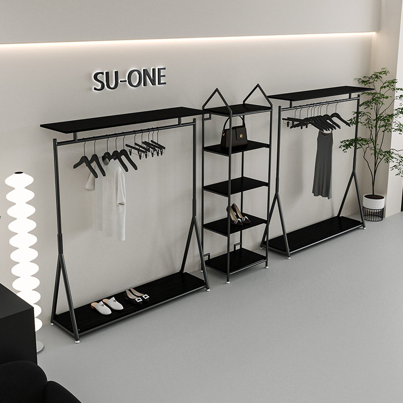 服装店落地展示架靠墙专用货架高端黑色衣服架子组合女装店挂衣架