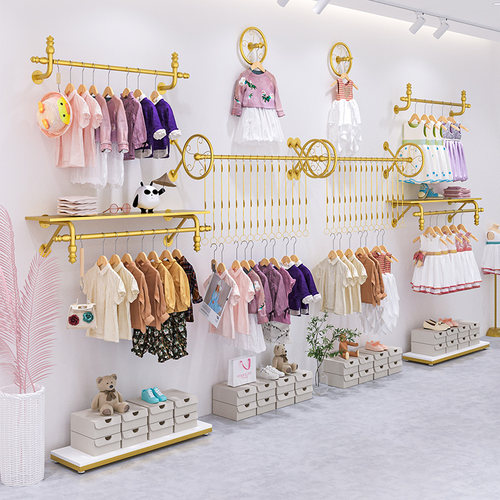 童装店展示架衣服架子上墙壁挂铁艺金色儿童货架组合服装店陈列架