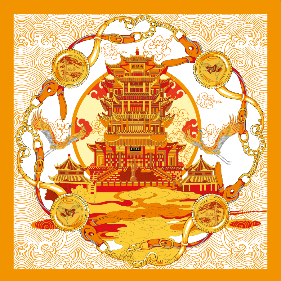 【祥云黄鹤·真丝方巾】黄鹤楼图案100%桑蚕丝 礼盒商务湖北文创
