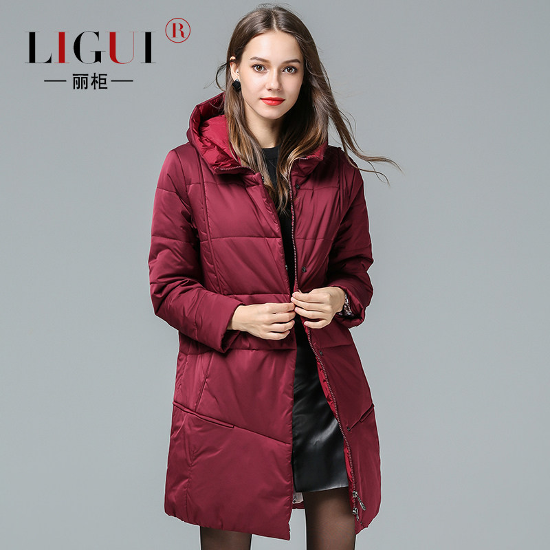 丽柜加厚驼绒内胆休闲欧版宽松中长款酒红色外套连帽妈妈装