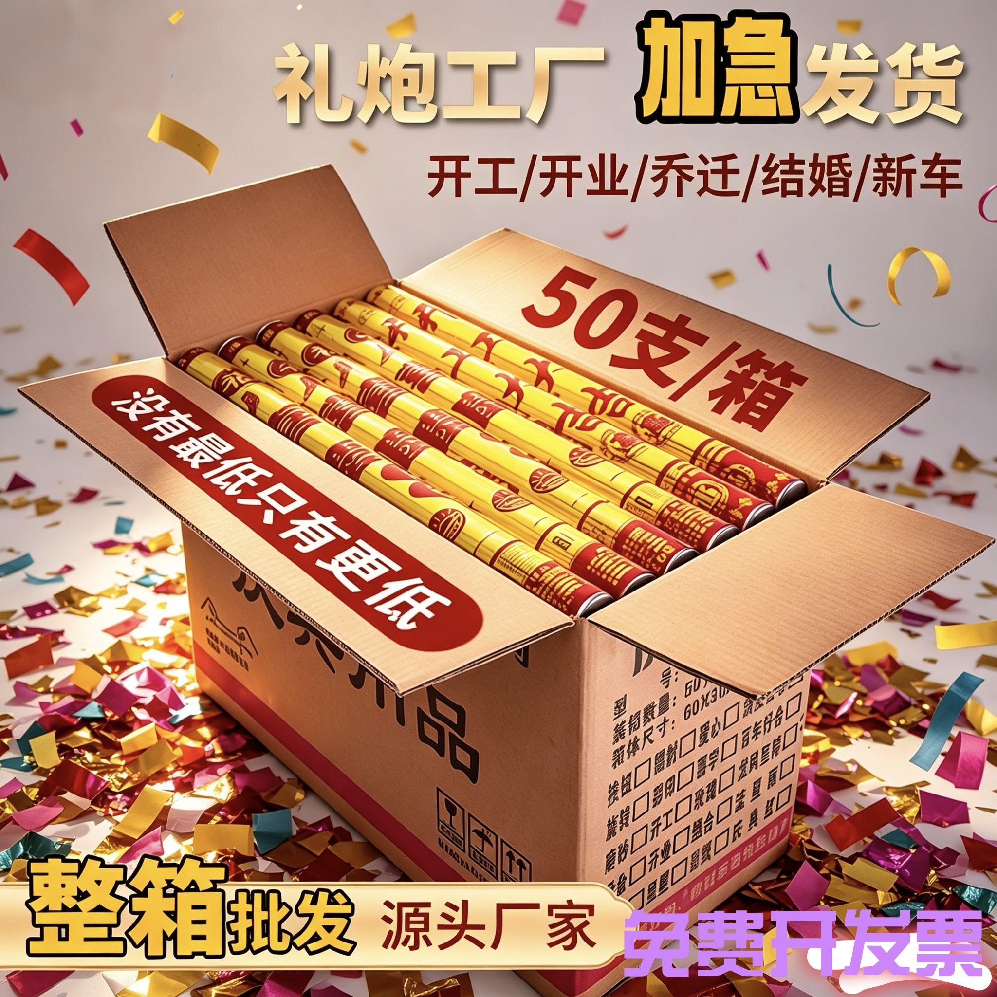 开工礼炮整箱批发50支开业大吉庆典新车提车礼花筒手持婚礼喷花筒