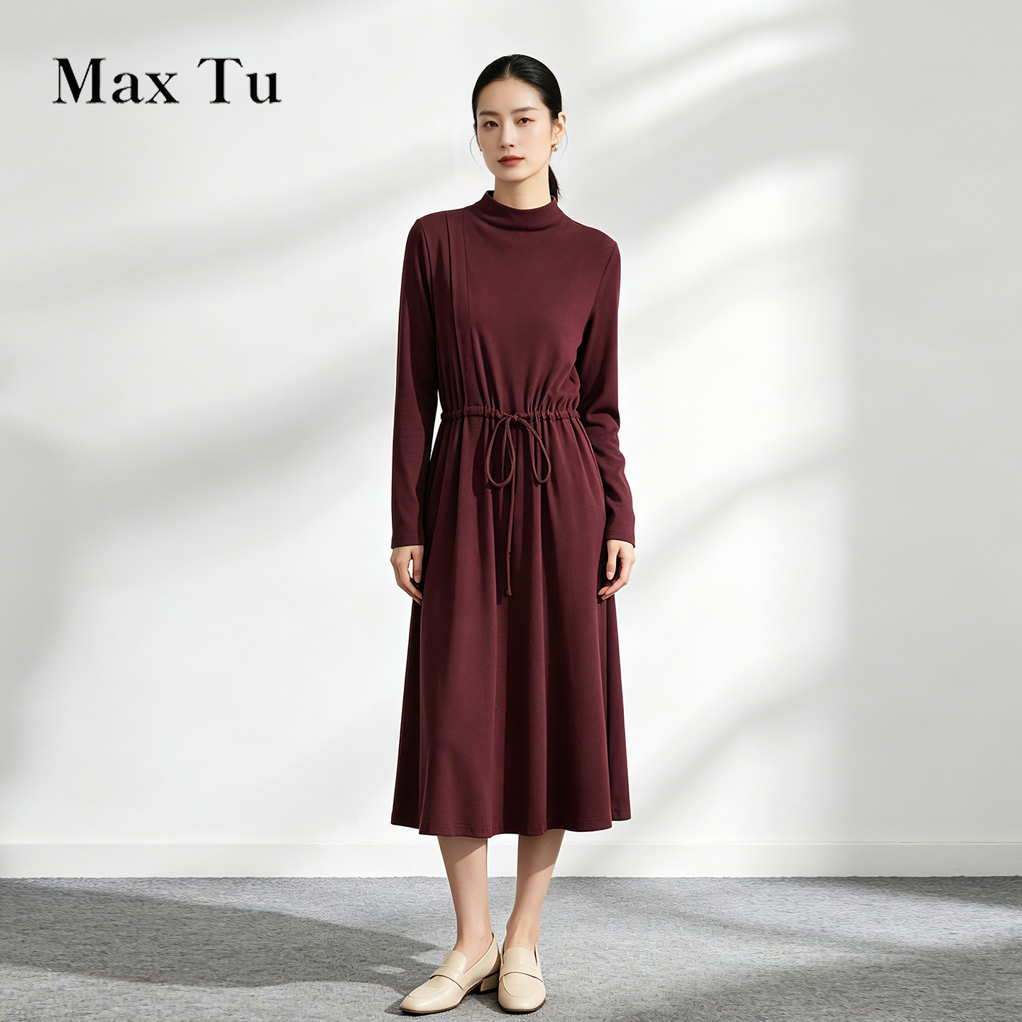 Max Tu女装26秋酒红色棉质高领针织连衣裙长袖收腰绑带中长裙