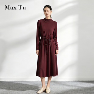 Max Tu女装26秋酒红色棉质高领针织连衣裙长袖收腰绑带中长裙