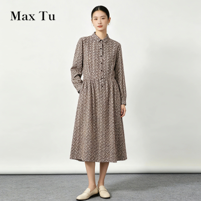 MaxTu全棉印花收腰长袖连衣裙