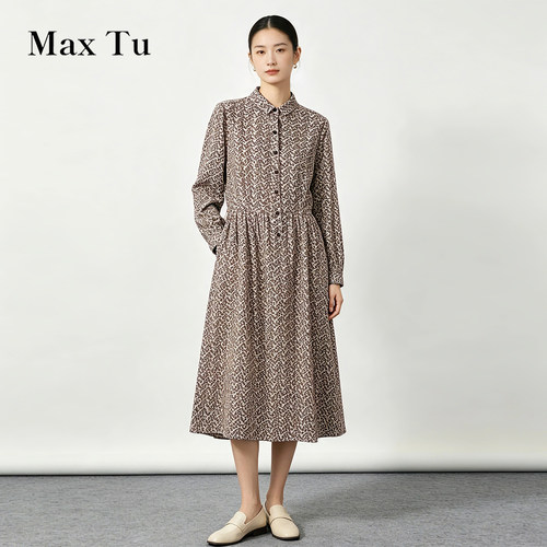 MaxTu全棉印花收腰长袖连衣裙
