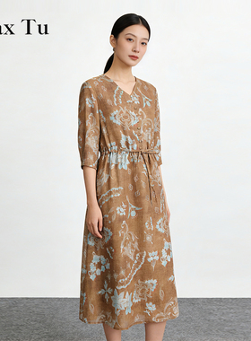 Max Tu女装2026春夏新款美拉德风印花连衣裙收腰水洗亚麻休闲长裙