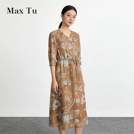 Max Tu女装2026春夏新款美拉德风印花连衣裙收腰水洗亚麻休闲长裙