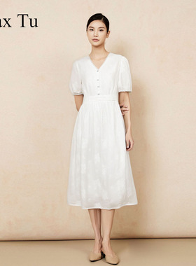 Max Tu女装夏新款宽松大码收腰显瘦全棉V领短袖连衣裙