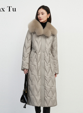 Max Tu女装2025冬显瘦可脱卸狐狸毛领连帽中长款90鹅绒加厚羽绒服