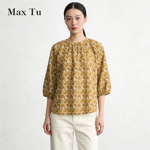 Max Tu女装2026春夏休闲全棉印花衬衫中袖宽松圆领田园风减龄上衣