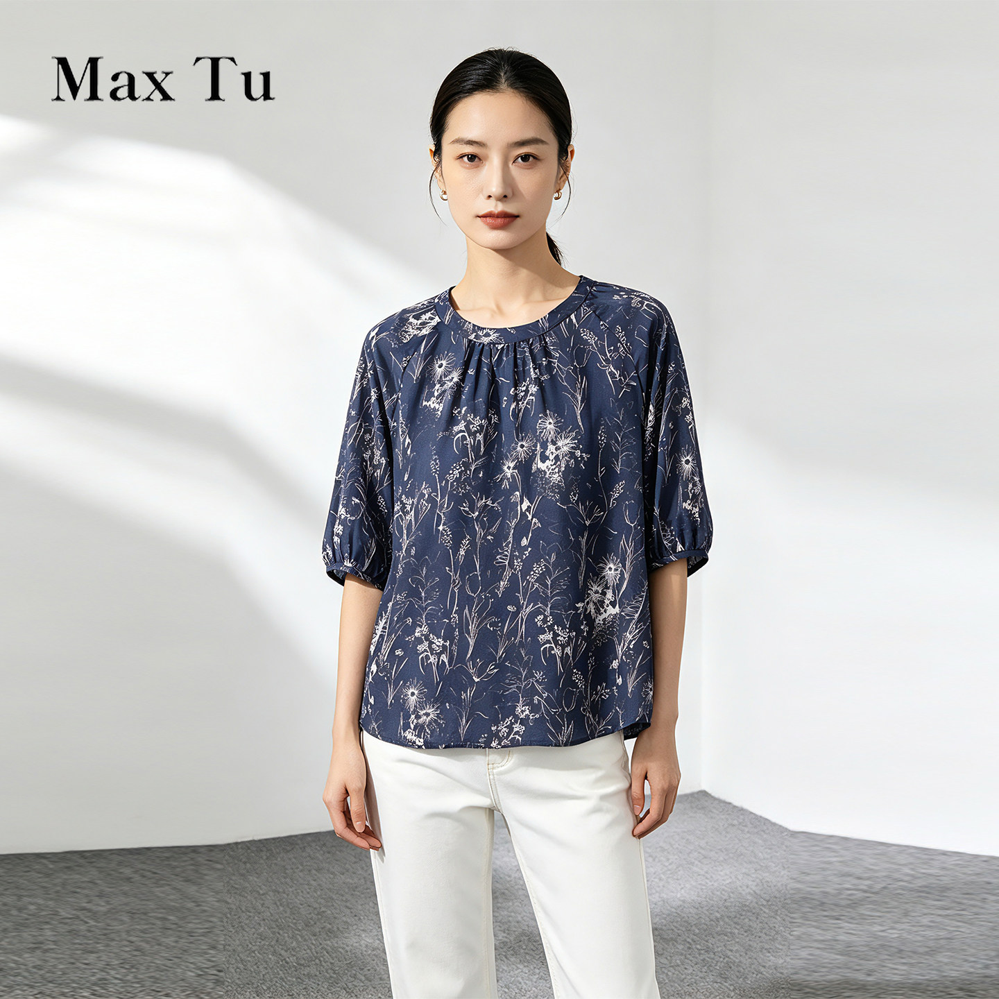 Max Tu女装2026夏新中式印花棉质衬衫女圆领五分袖收腰小衫