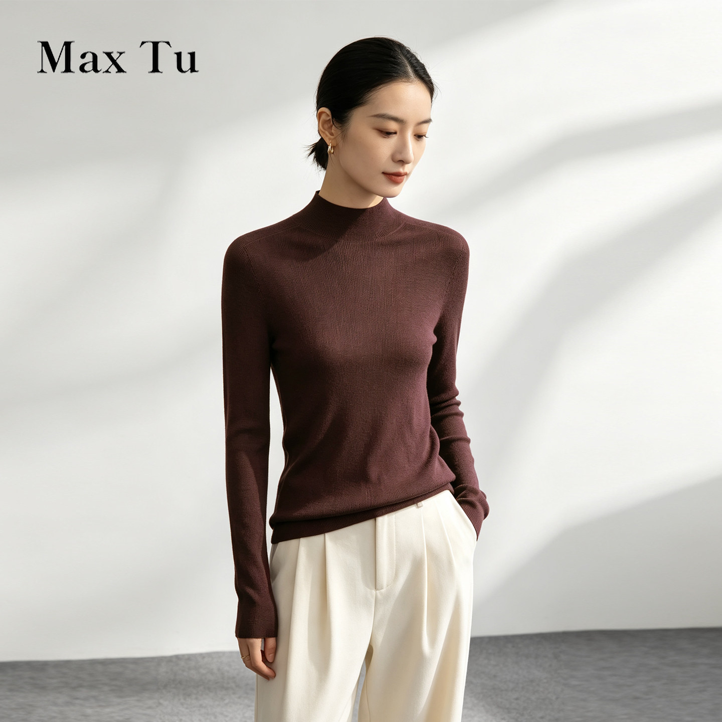 Max Tu女装26秋冬轻熟半高可机洗超细领扬子纱羊毛衫修身打底毛衣