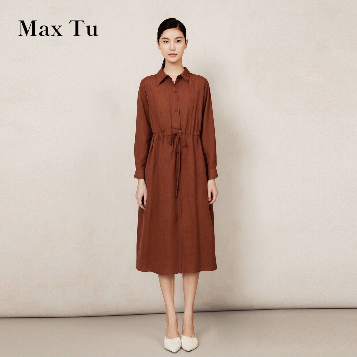 MaxTu宽松大码苎麻长袖连衣裙