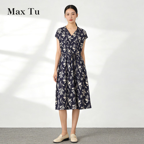MaxTu桑蚕丝印花收腰连衣裙