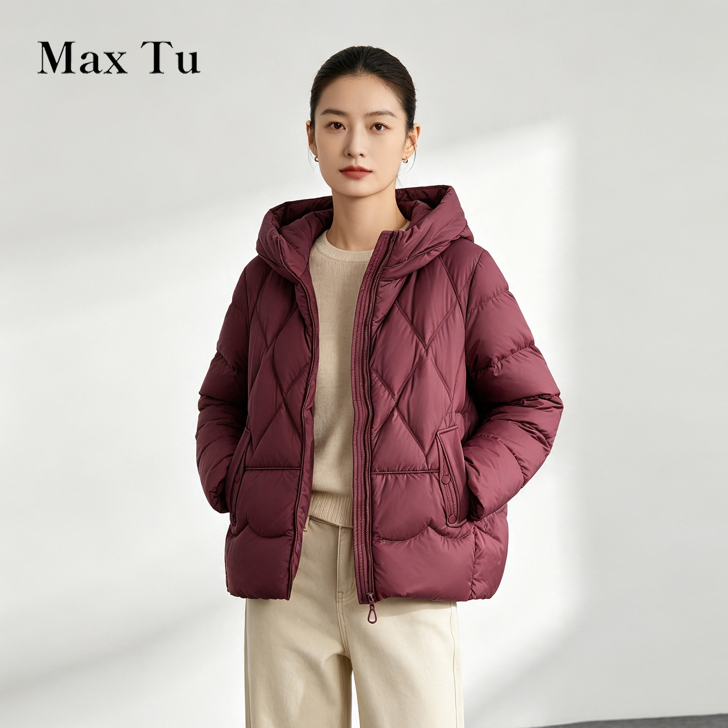 Max Tu女装26冬宽松大码时尚休闲通勤保暖外套90白鸭绒连帽羽绒服