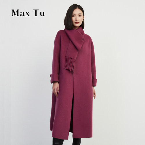 流苏围巾中长款毛呢大衣MaxTu