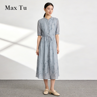 MaxTu春夏亚麻收腰中长连衣裙