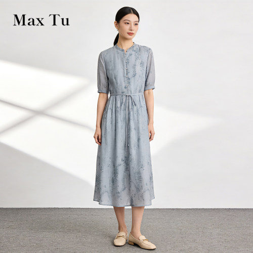 MaxTu春夏亚麻收腰中长连衣裙