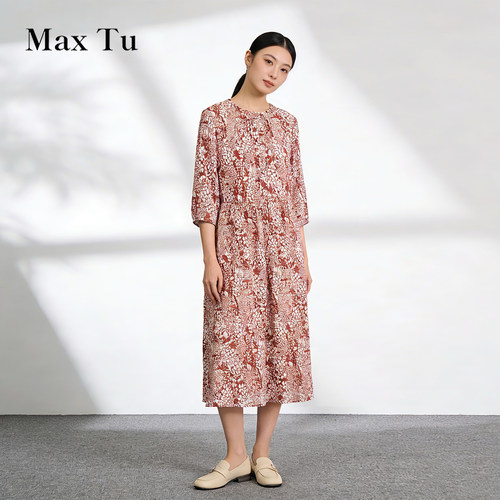 MaxTu法式印花全棉中长连衣裙