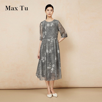 Max Tu女装2025夏新款宽松大码收腰显瘦汉麻摆裙短袖桑蚕丝连衣裙