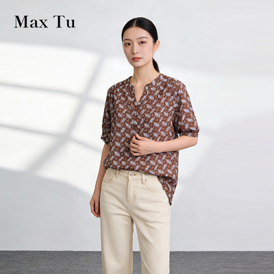 MaxTu纯棉几何印花V领女衬衫
