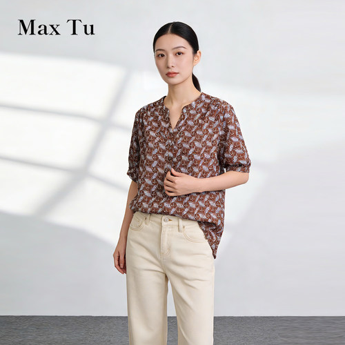 MaxTu纯棉几何印花V领女衬衫