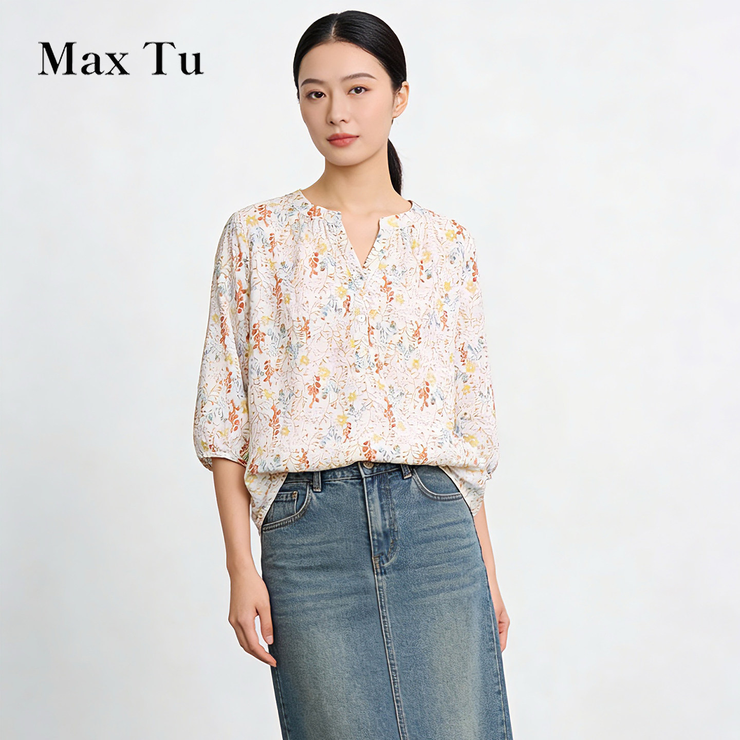 Max Tu女装2026夏休闲风植物花卉全棉印花衬衫七分袖宽松大妈上衣