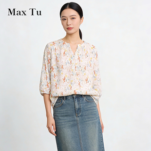 Max Tu女装2026夏休闲风植物花卉全棉印花衬衫七分袖宽松大妈上衣