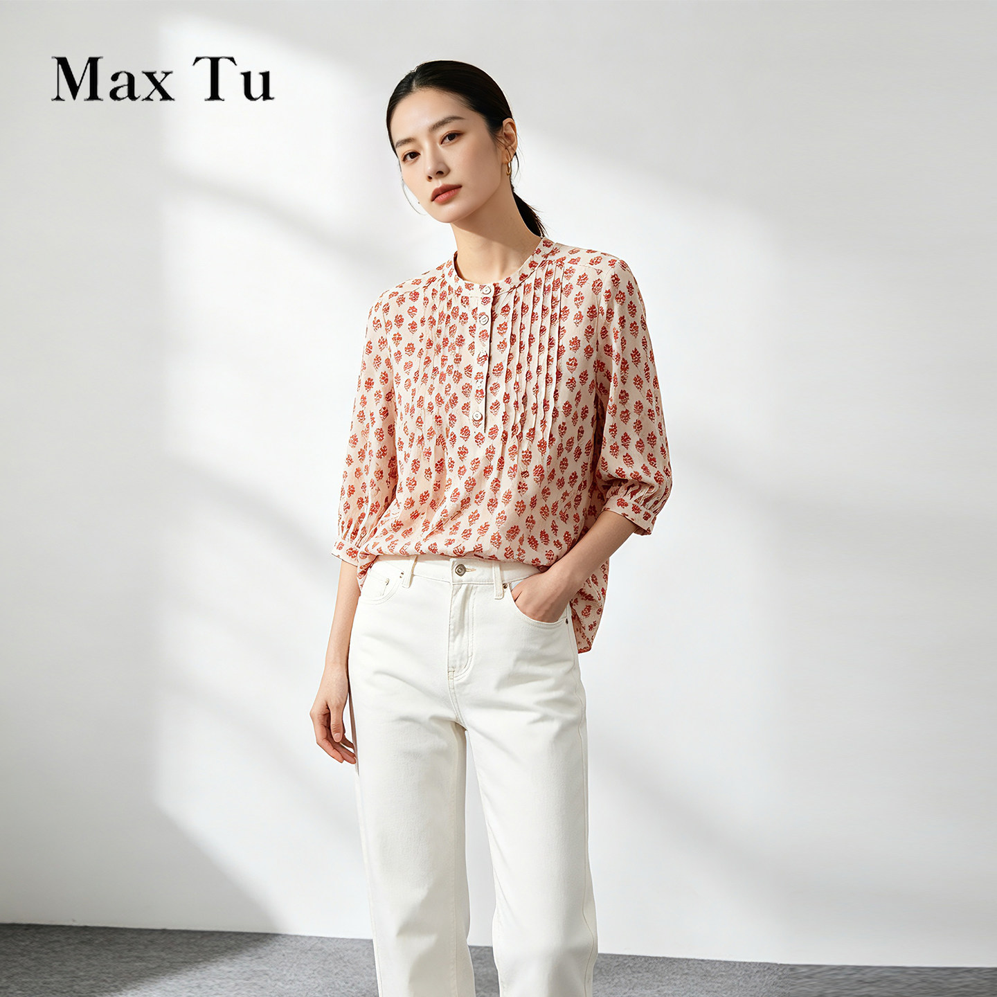 Max Tu女装2026夏休闲风碎花全棉衬衫七分袖宽松圆领棉质上衣气质