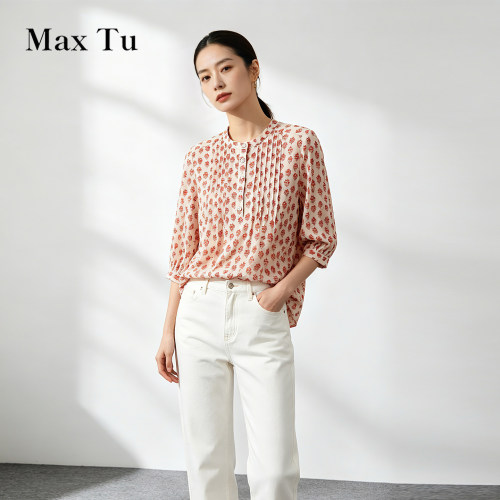 MaxTu夏季碎花全棉七分袖衬衫