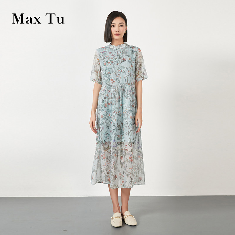 Max Tu女装夏新款宽松大码收腰显瘦A型时尚印花短袖连衣裙