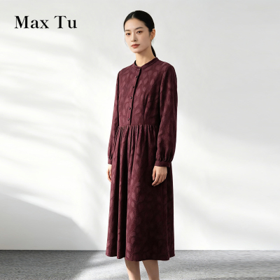 MaxTu文艺立领显瘦水洗棉长裙