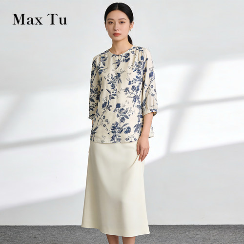 MaxTu真丝花卉印花七分袖衬衫