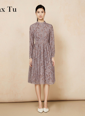 Max Tu女装春秋新款宽松大码收腰显瘦时尚立领长袖连衣裙