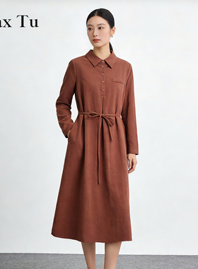 Max Tu女装2026春秋新款收腰显瘦衬衫裙优雅气质羊毛长袖连衣裙