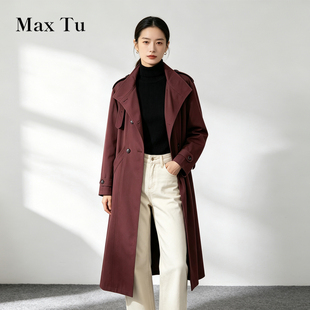 Max Tu女装26秋极简风大翻领风衣女中长款酒红色高级感收腰外套