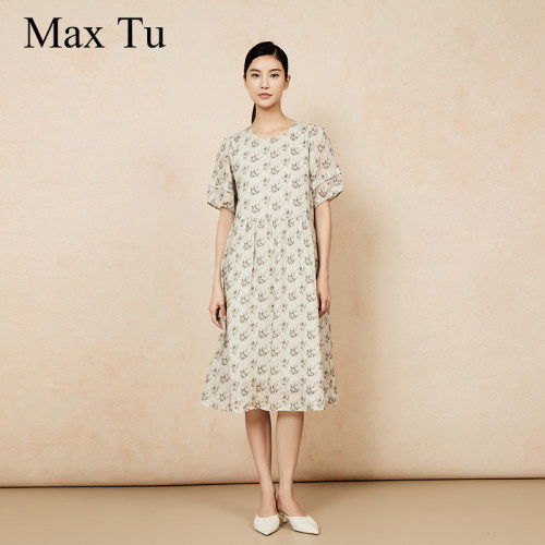 MaxTu夏显瘦短袖苎麻连衣裙