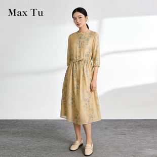 印花圆领五分袖 2026春秋新中式 收腰显瘦长裙亚麻连衣裙 Tu女装 Max