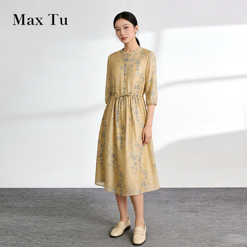 MaxTu新中式亚麻收腰显瘦连衣裙
