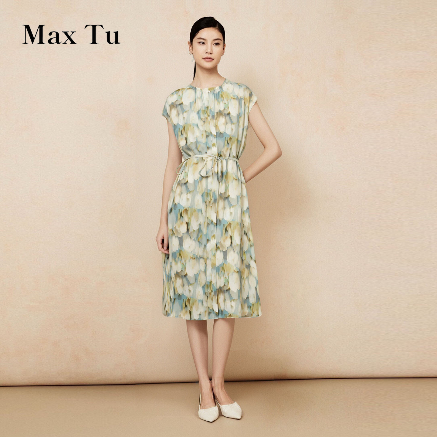Max Tu女装2025年夏新款宽松大码收腰显瘦新中式真丝桑蚕丝连衣裙