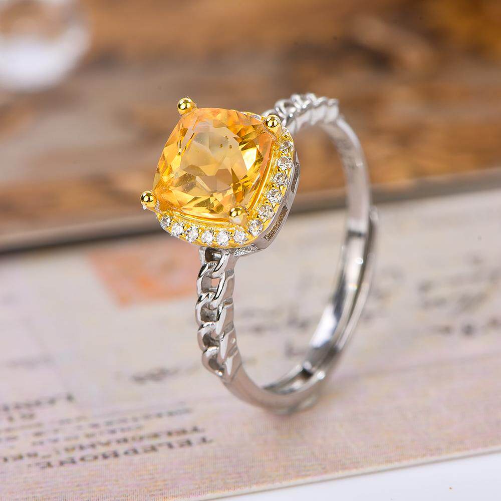 宇彩新品925银镶天然黄水晶戒指链条款豪华正方形可调节活圈包邮