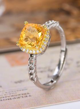 宇彩新品925银镶天然黄水晶戒指链条款豪华正方形可调节活圈包邮