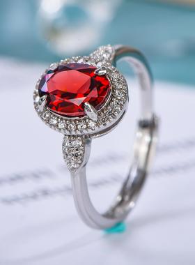 宇彩925银镶嵌天然石榴石戒指百搭时尚中国红全净满火彩活口包邮