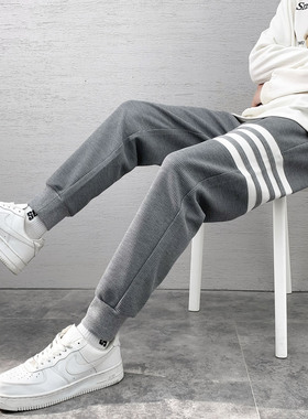 华夫格裤子男士秋季新款灰色加绒运动休闲长裤宽松男生潮牌卫裤子