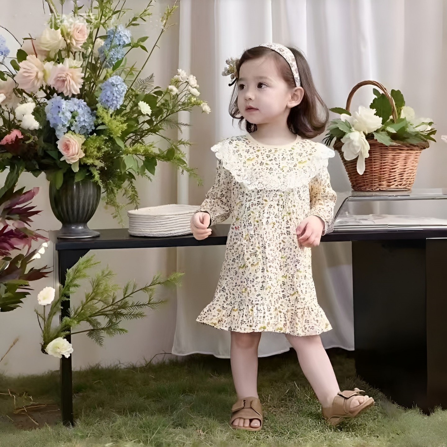 女童柔棉花边睡裙 公主风长袖家居服连衣裙a类薄款纯棉110-170码