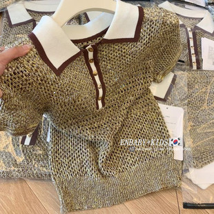 韩系复古风POLO领镂空针织短袖女童中大童卡其色宽松上衣潮