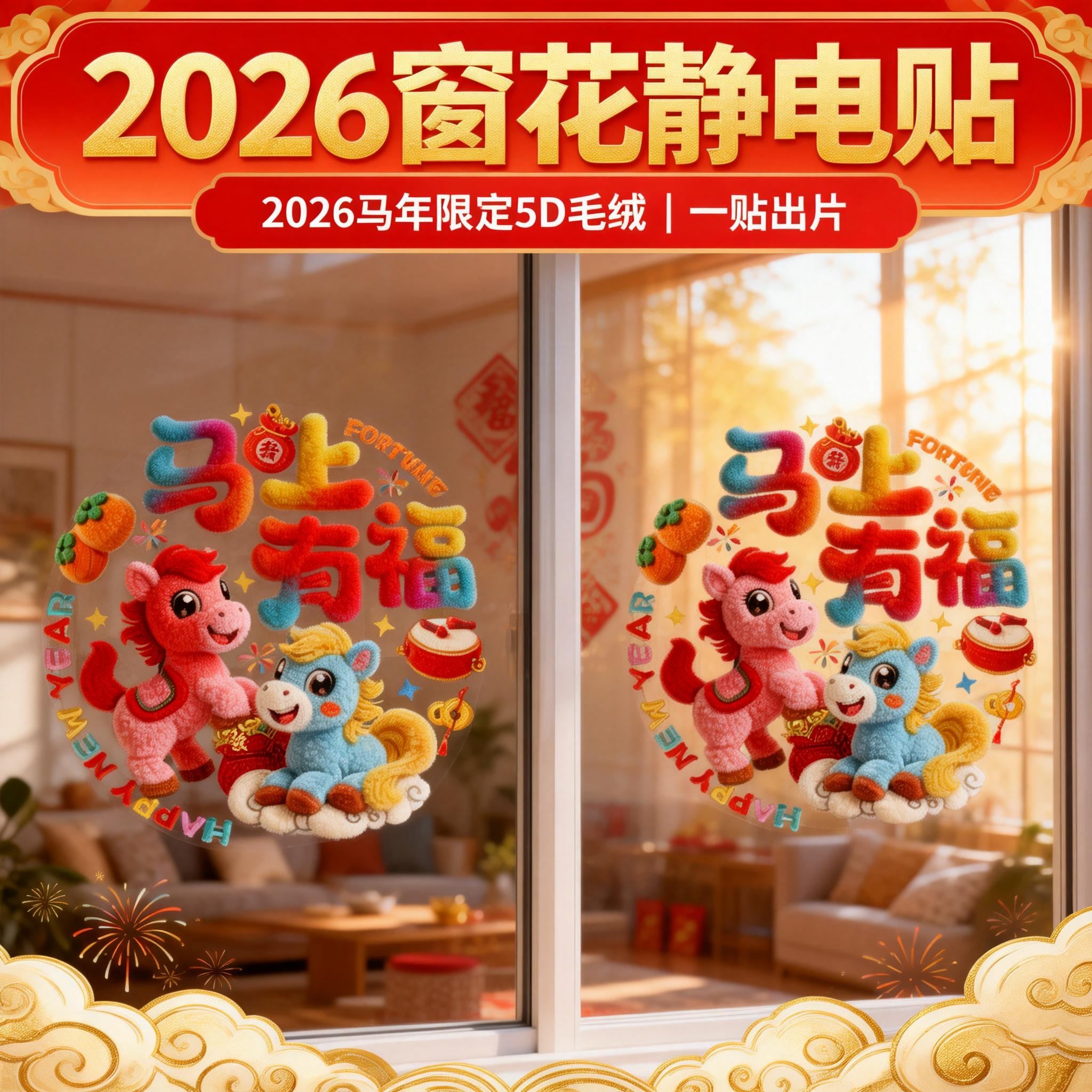 2026新年玻璃贴纸毛绒视觉可爱门窗贴马年新款窗花静电贴过年装饰,家居饰品,软装墙贴,淘宝优惠券,粉丝福利购,淘宝优惠卷