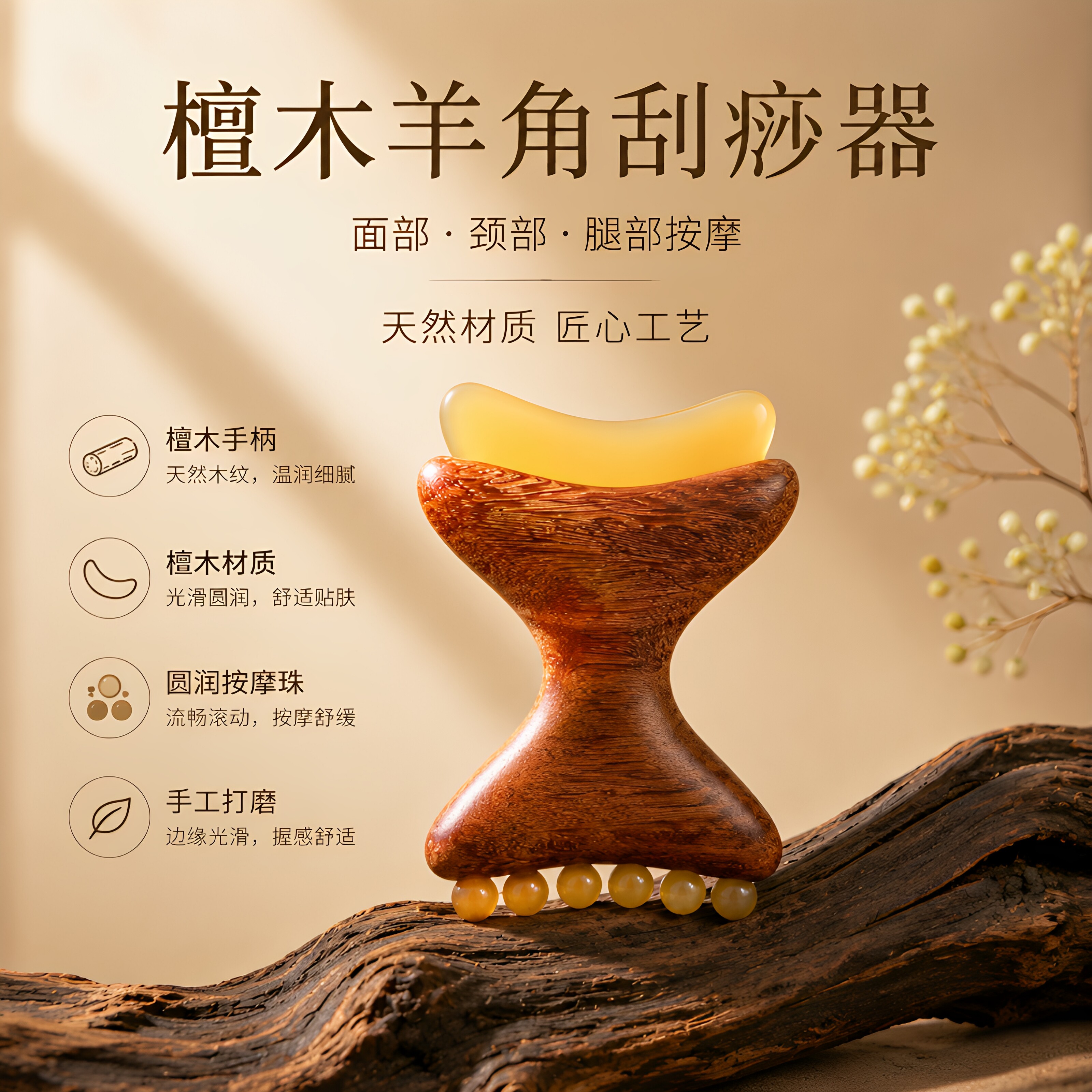 龙凤檀木羊角刮痧半月形按摩板面部刮脖子颈部全身通用羊角小推子