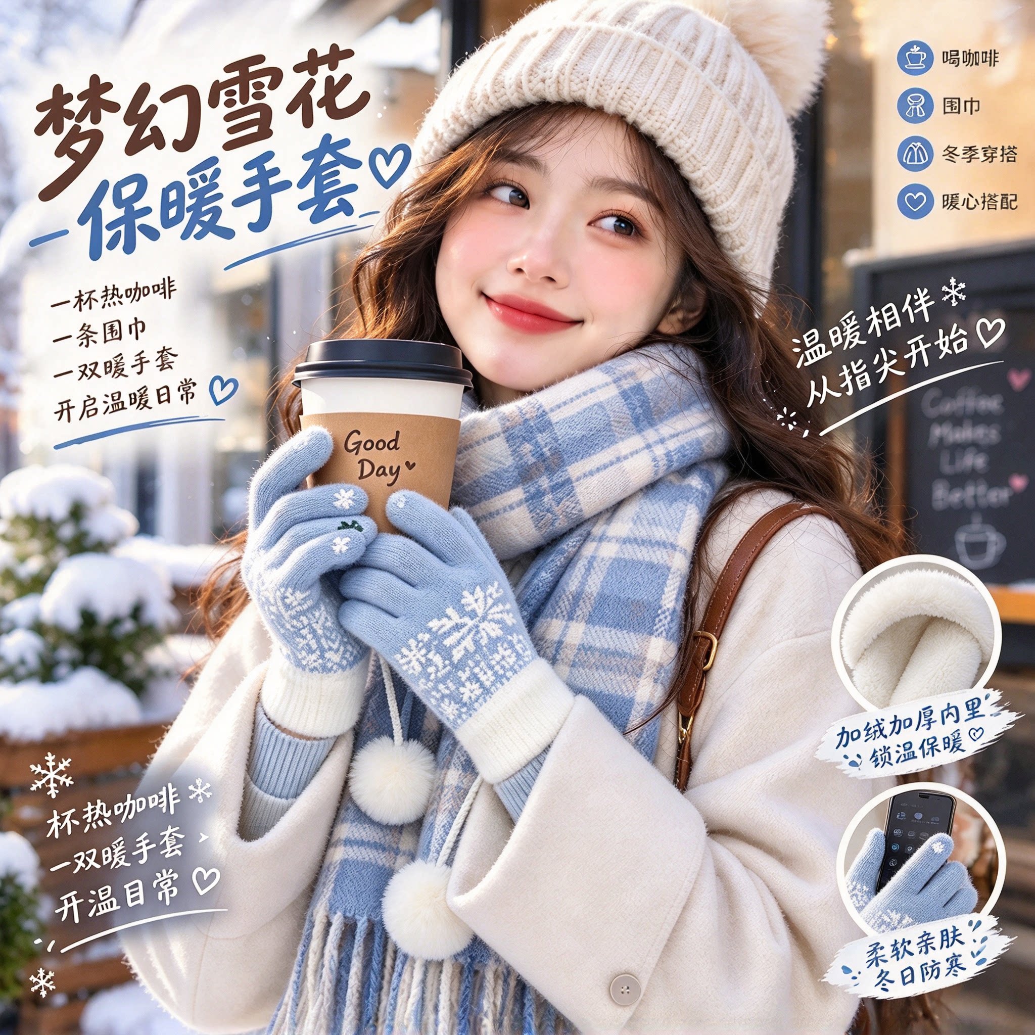 可爱雪花毛绒针织五指手套2026新款冬季防寒加厚可爱学生骑行保暖