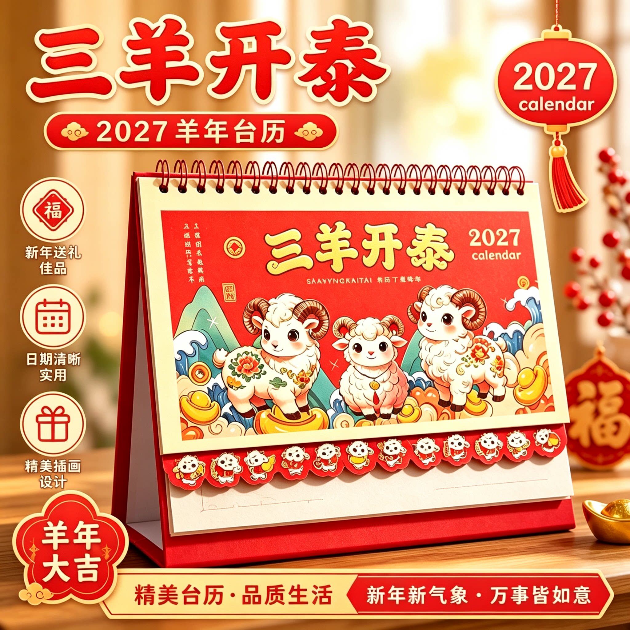 2027年台历羊年新款家用日历创意卡通桌面摆件记事本月历简约高级春节新年办公送礼精美三羊开泰红色桌面日历